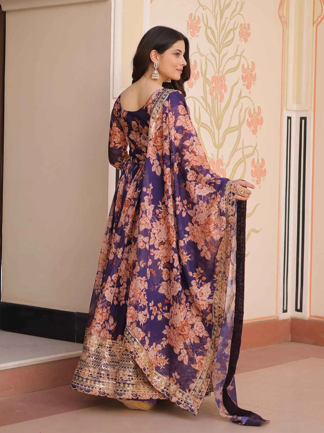 Purple Haze Floral Print Gown With Embroidery Work And Dupatta - qivii