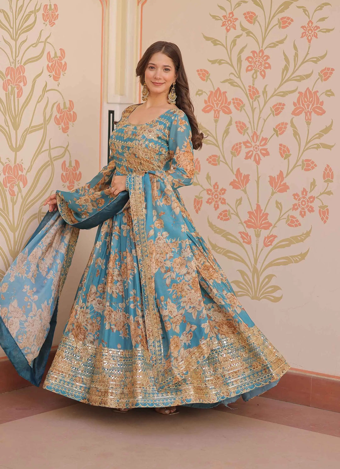 Hippie Blue Floral Print Gown With Embroidery Work And Dupatta - qivii