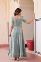 Designer Shiny Sky Blue Beautiful Beads Embroidery Work Gown