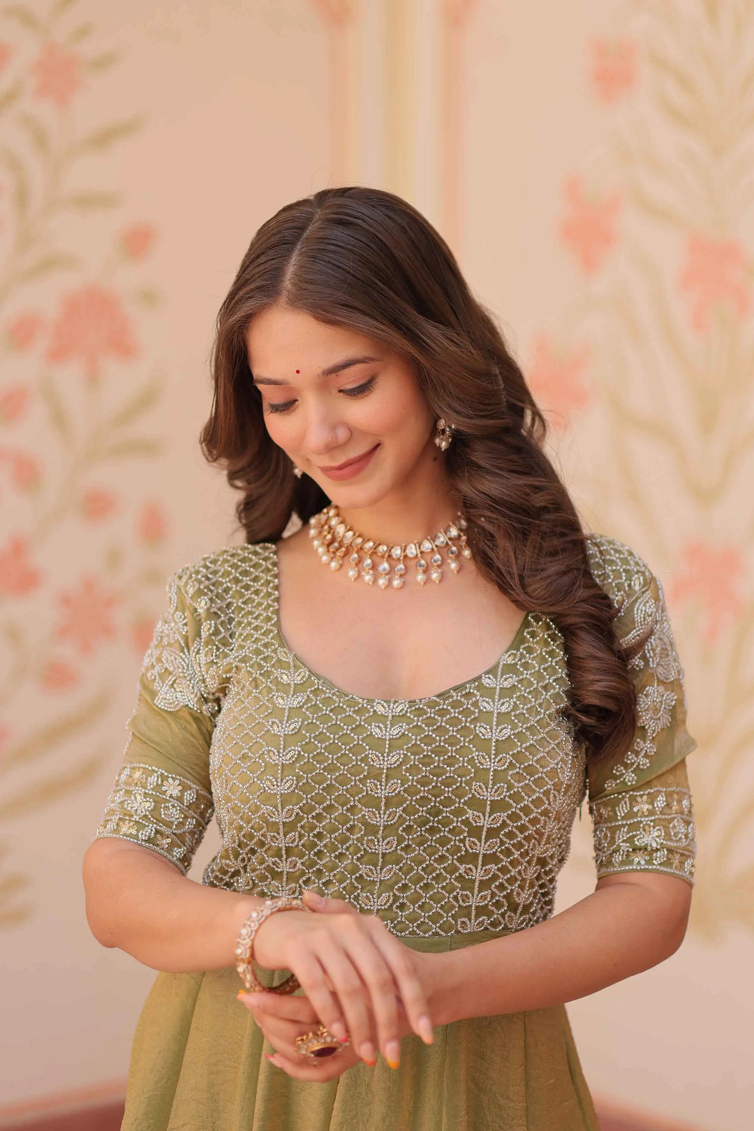 Designer Shiny Light Olive Green Beads Embroidery Work Gown - qivii