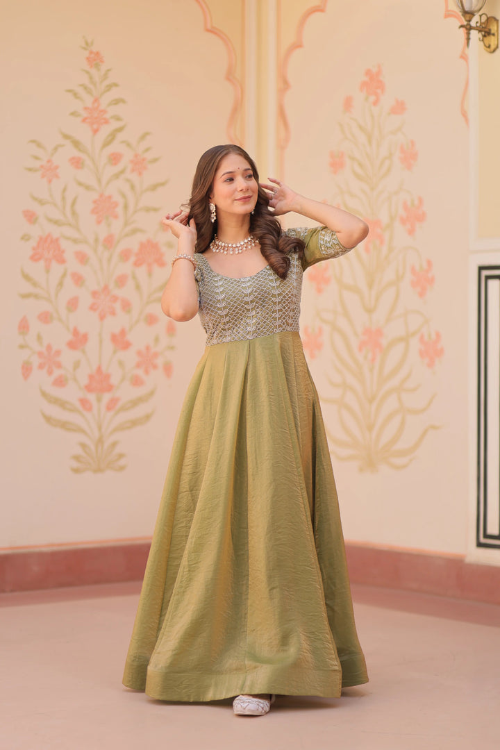 Designer Shiny Light Olive Green Beads Embroidery Work Gown - qivii