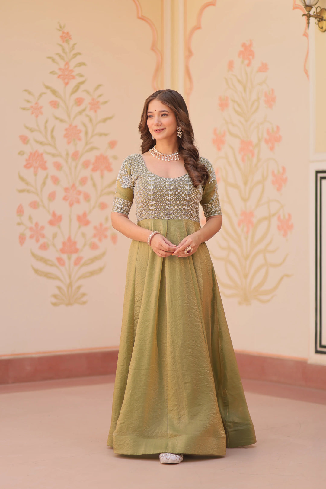 Designer Shiny Light Olive Green Beads Embroidery Work Gown - qivii