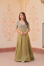 Designer Shiny Light Olive Green Beads Embroidery Work Gown