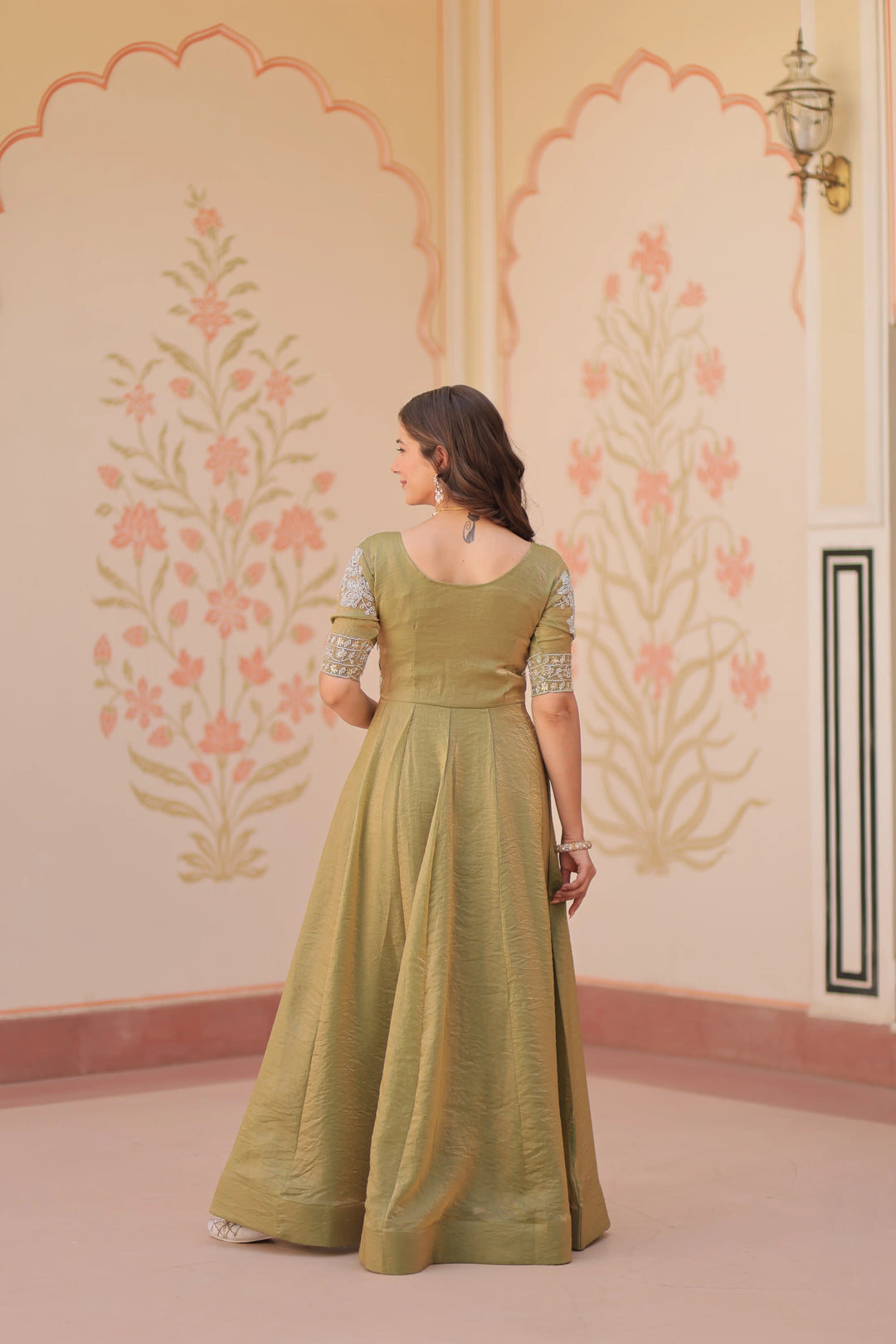 Designer Shiny Light Olive Green Beads Embroidery Work Gown - qivii