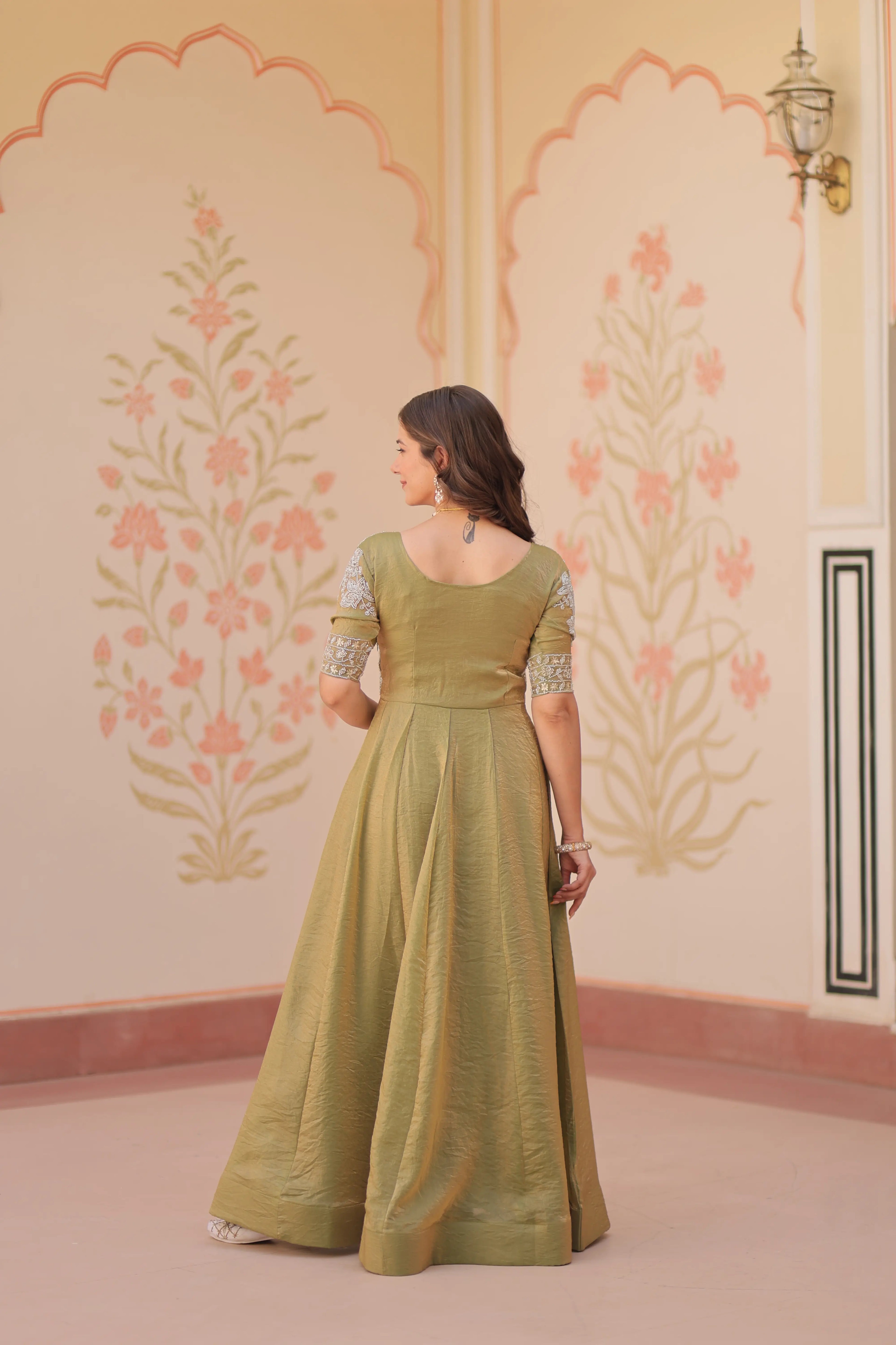 Designer Shiny Light Olive Green Beads Embroidery Work Gown