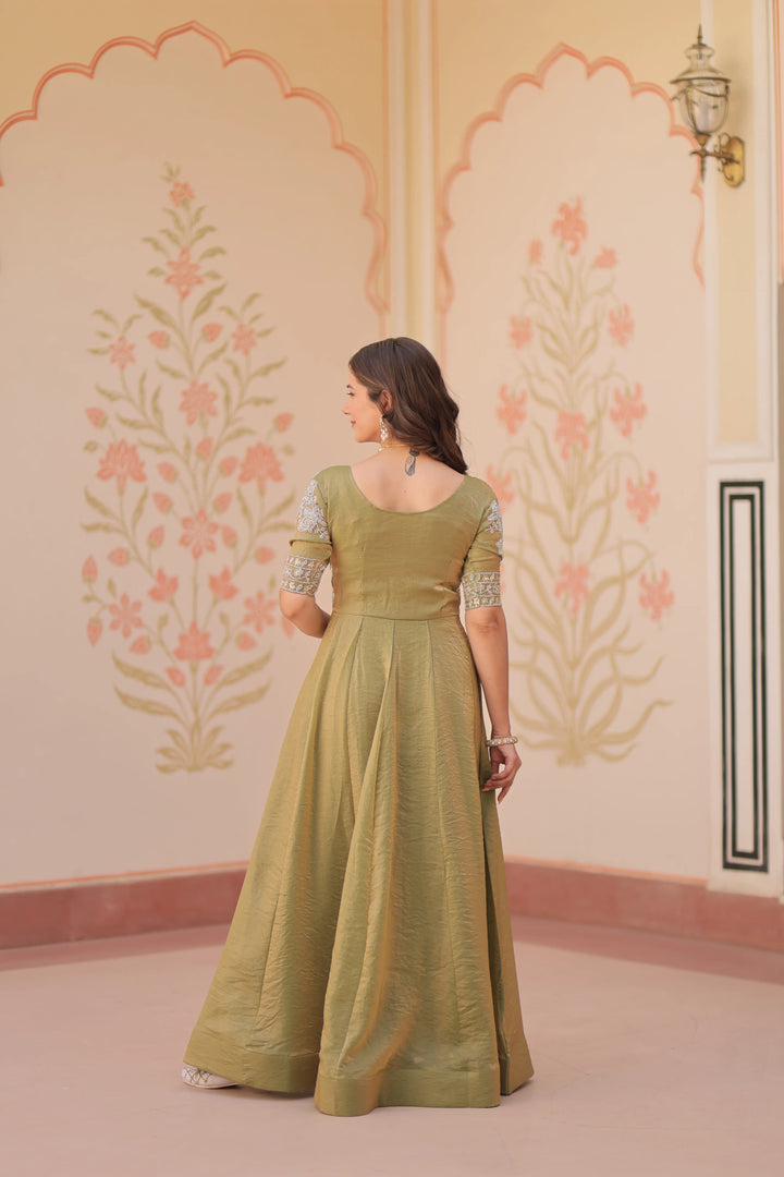 Designer Shiny Light Olive Green Beads Embroidery Work Gown - qivii