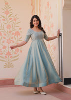 Designer Shiny Sky Blue Beautiful Beads Embroidery Work Gown