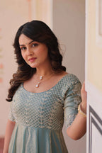 Designer Shiny Sky Blue Beautiful Beads Embroidery Work Gown