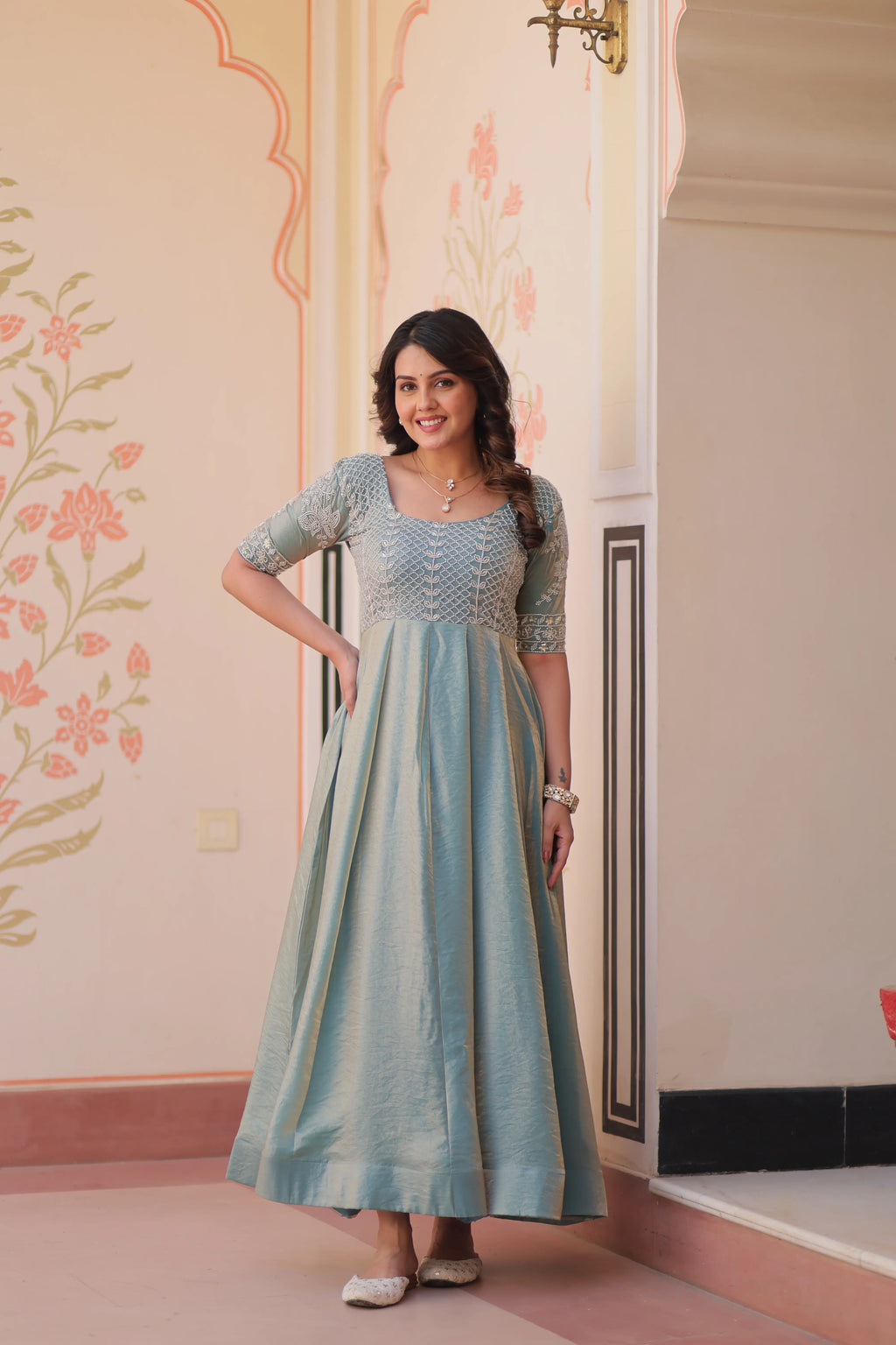 Designer Shiny Sky Blue Beautiful Beads Embroidery Work Gown