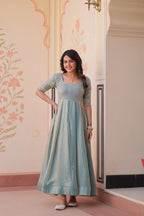 Designer Shiny Sky Blue Beautiful Beads Embroidery Work Gown
