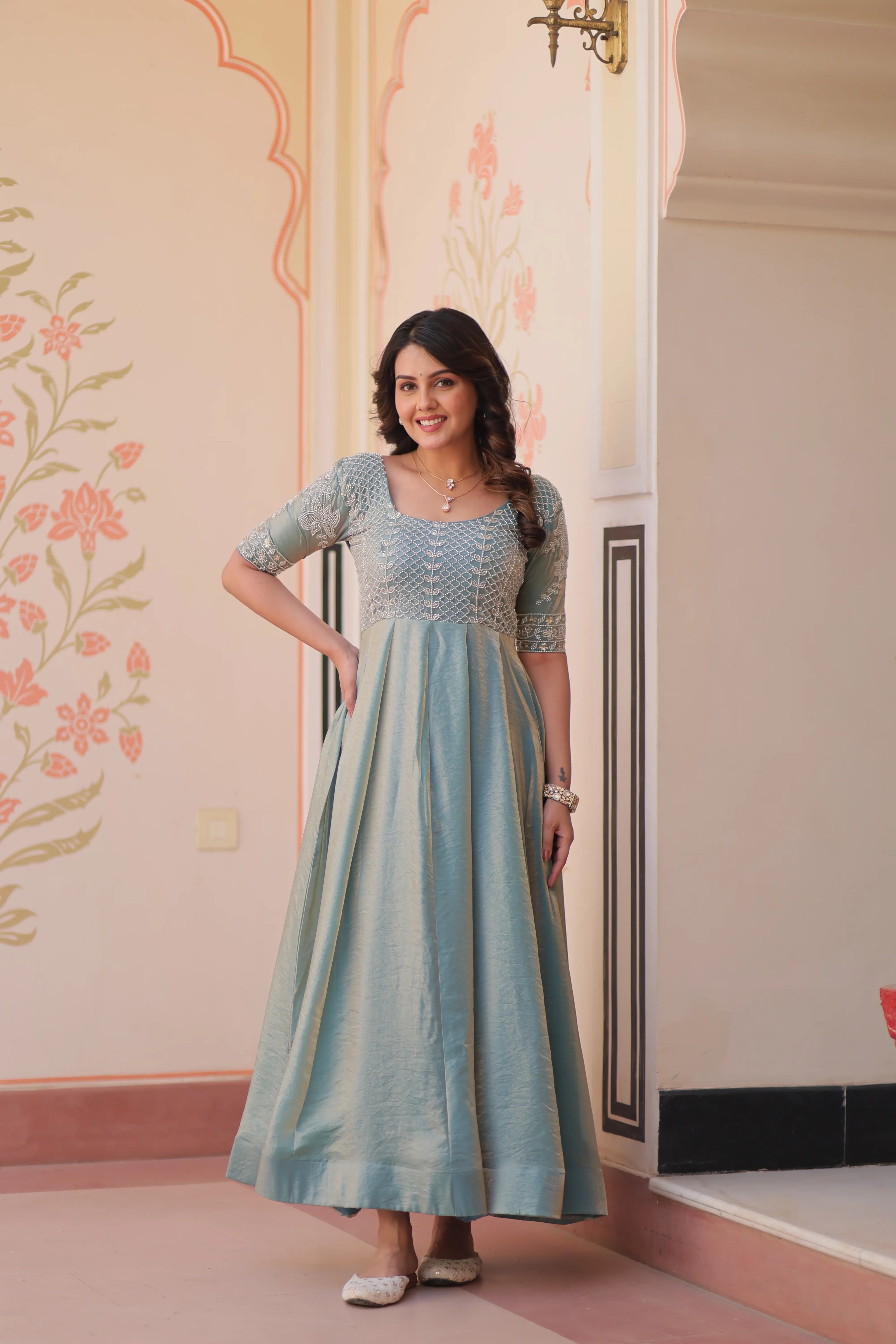 Designer Shiny Sky Blue Beautiful Beads Embroidery Work Gown