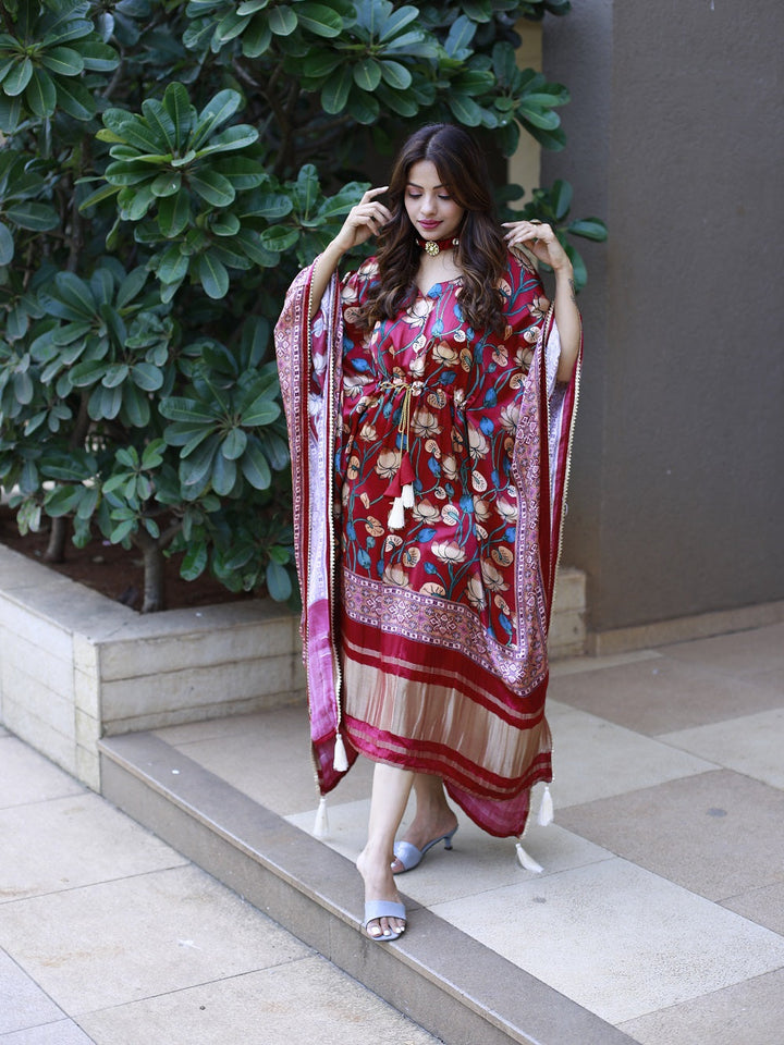 Maroon Color Digital Printed Pure Gaji Silk Kaftan - qivii