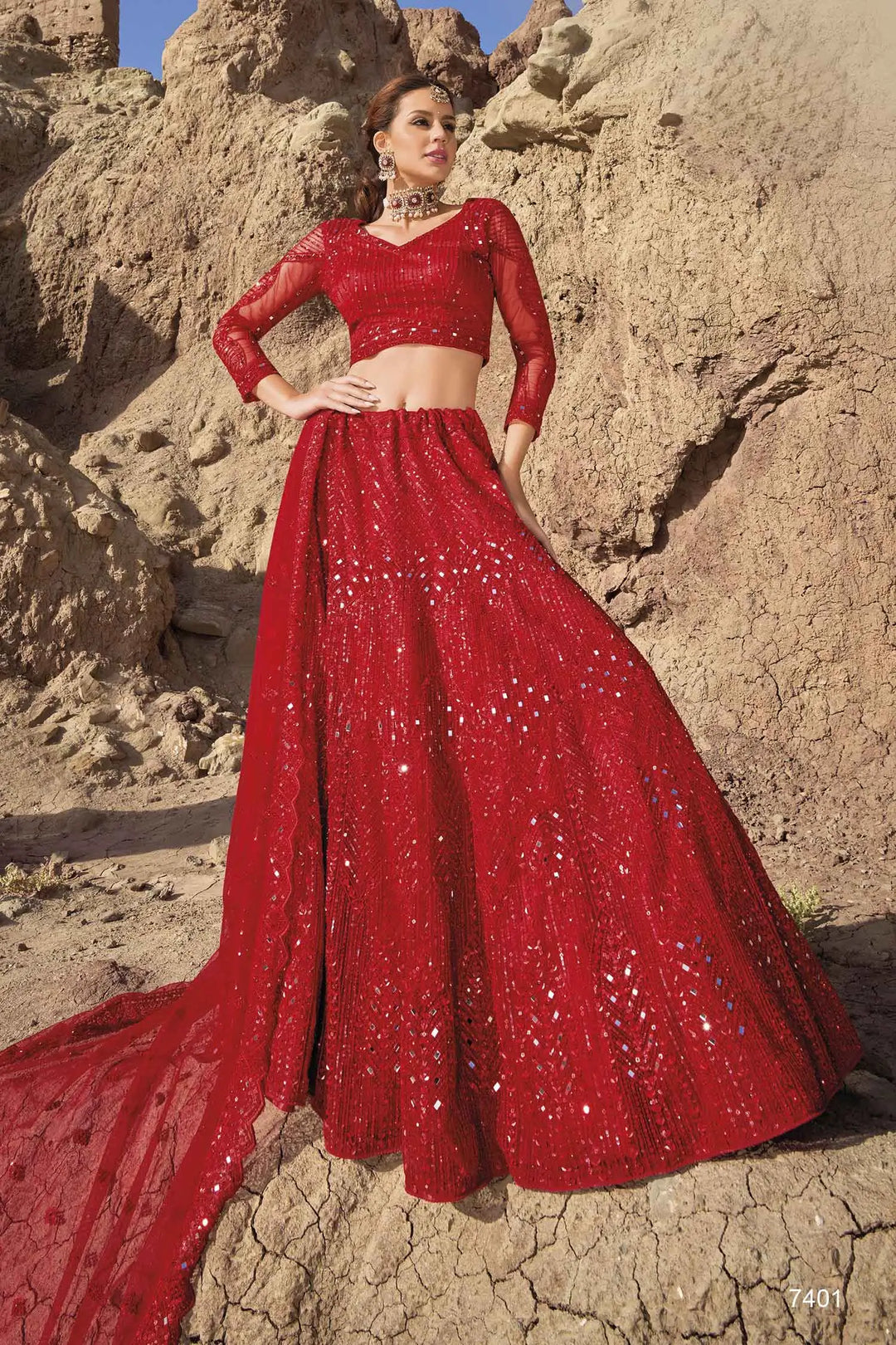 Red  Mirror Work With Sequins Embroidery Work Bridal Lehenga - qivii