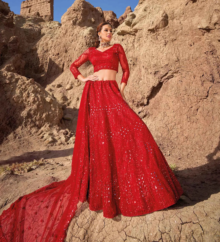 Red  Mirror Work With Sequins Embroidery Work Bridal Lehenga - qivii