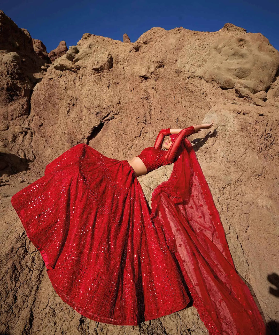 Red  Mirror Work With Sequins Embroidery Work Bridal Lehenga - qivii