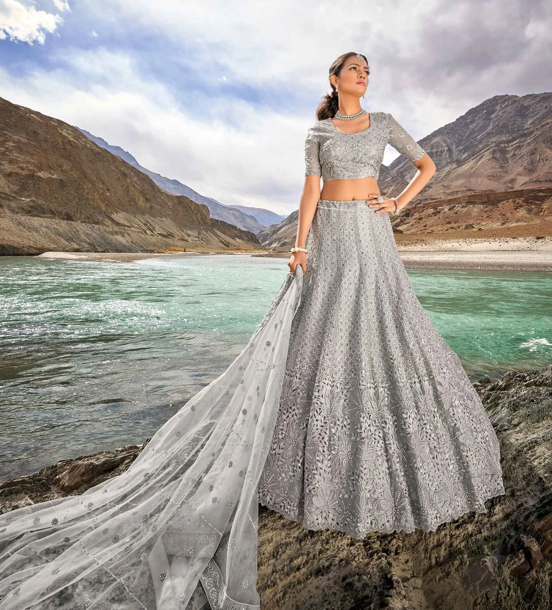 Pastel Grey Zarkan Work With Sequins Embroidery Work Lehenga For Bride - qivii