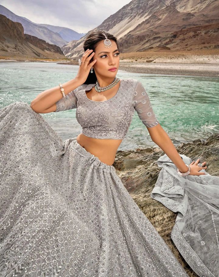 Pastel Grey Zarkan Work With Sequins Embroidery Work Lehenga For Bride - qivii