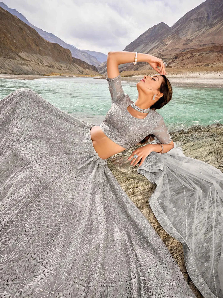 Pastel Grey Zarkan Work With Sequins Embroidery Work Lehenga For Bride - qivii