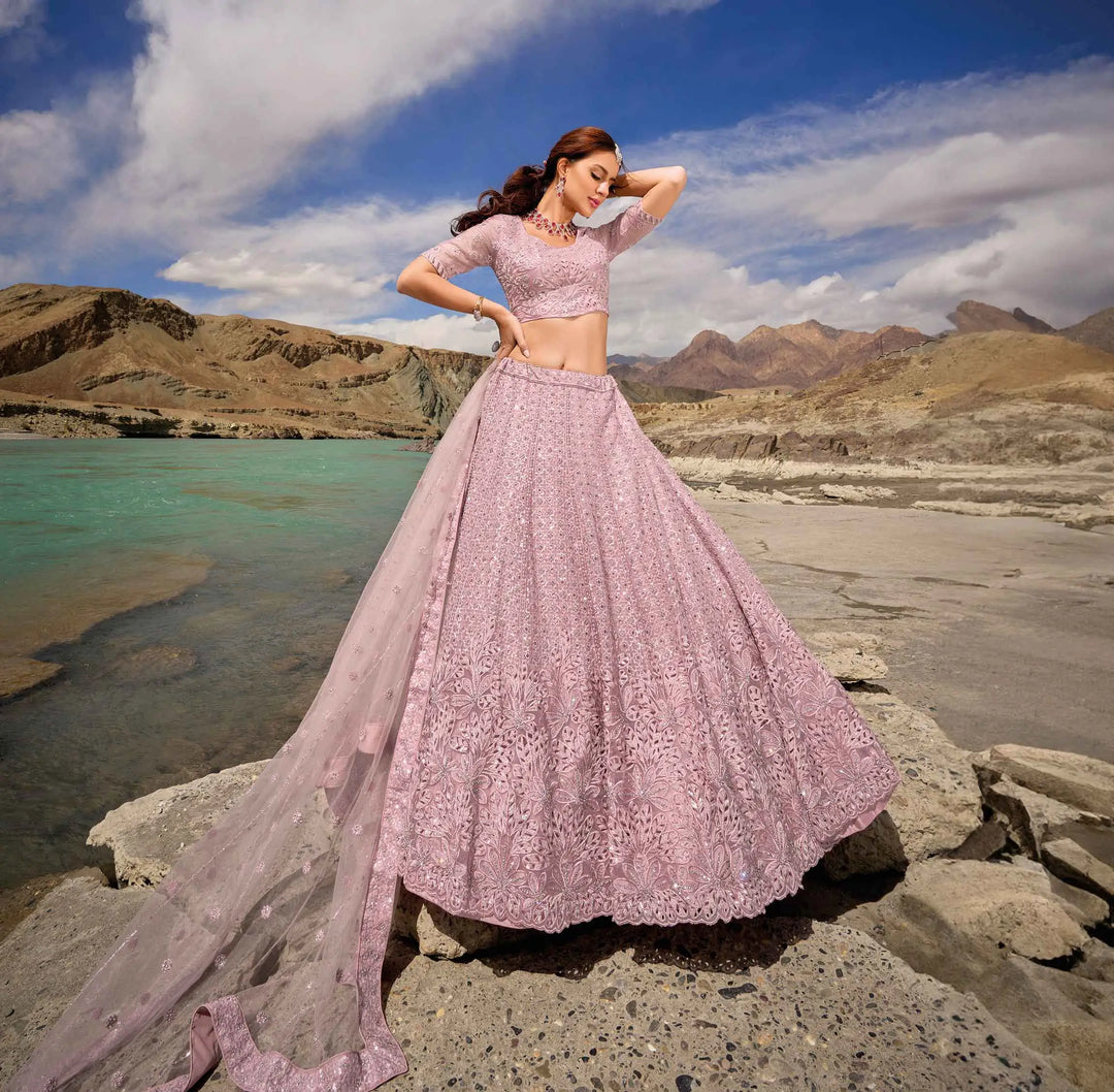 Greyish Pink Zarkan Work With Sequins Embroidery Work Lehenga For Bride - qivii