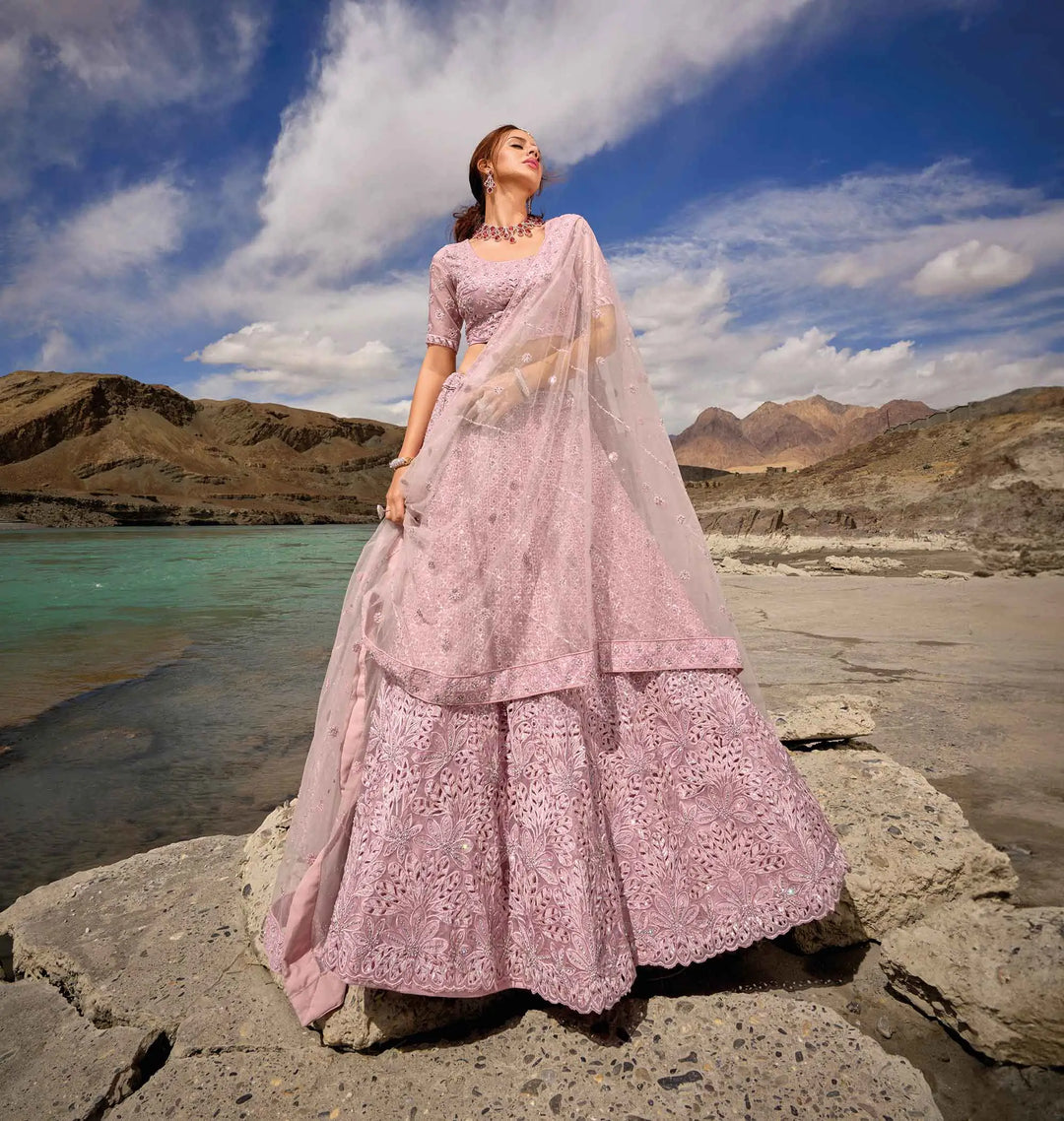 Greyish Pink Zarkan Work With Sequins Embroidery Work Lehenga For Bride - qivii