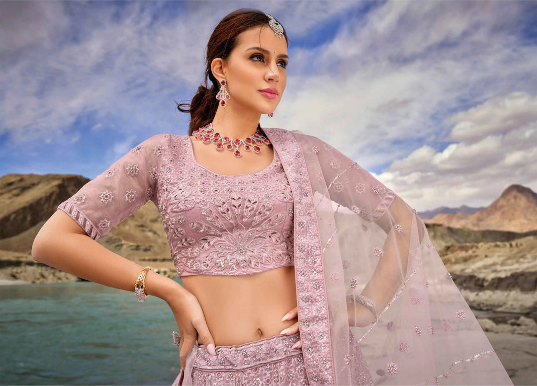 Greyish Pink Zarkan Work With Sequins Embroidery Work Lehenga For Bride - qivii