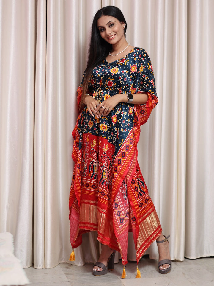Multi Color Bandhani Printed Pure Gaji Silk Kaftan - qivii