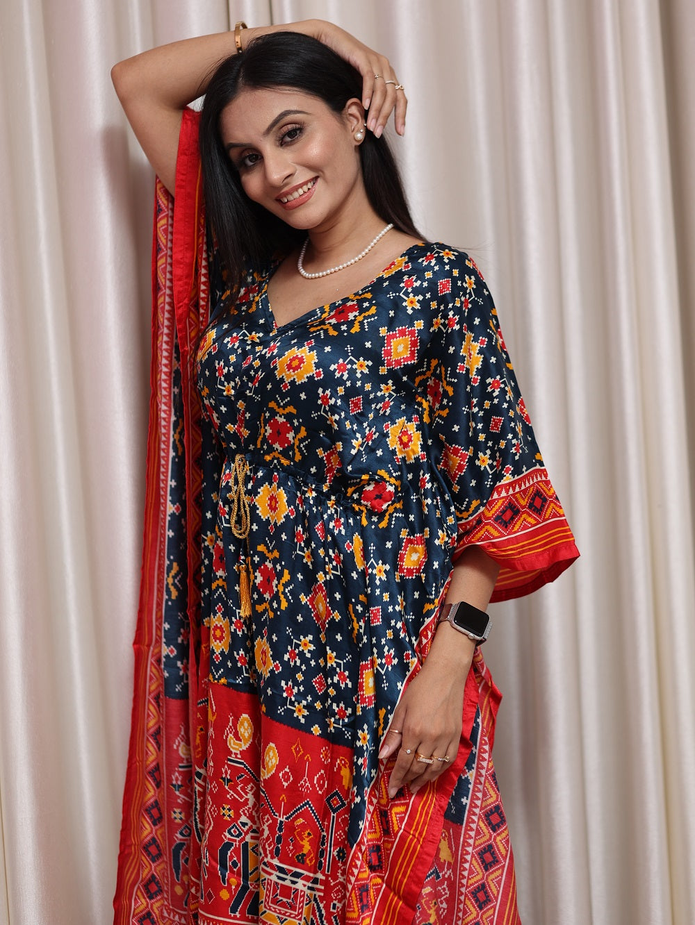 Multi Color Bandhani Printed Pure Gaji Silk Kaftan - qivii