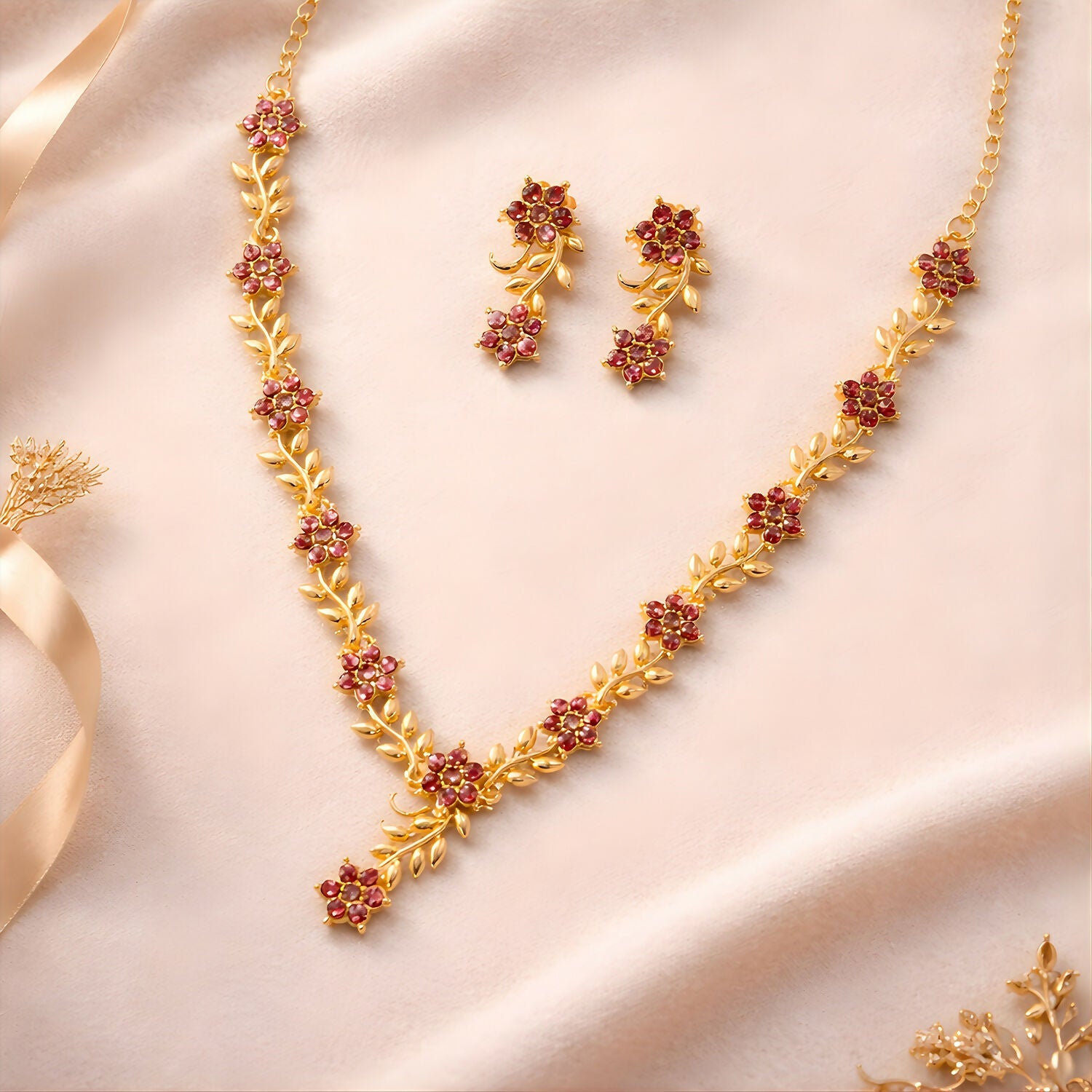 Everlasting Bloom V-Necklace with Ruby Floral Design and Elegant Gold Detailing,The Crimson Vine Collection (Geri Lal Bel), Ruby Petals Harmony Set, Nature’s Bloom Red Necklace, Garnet Glint Set, Floral Splendor ruby set