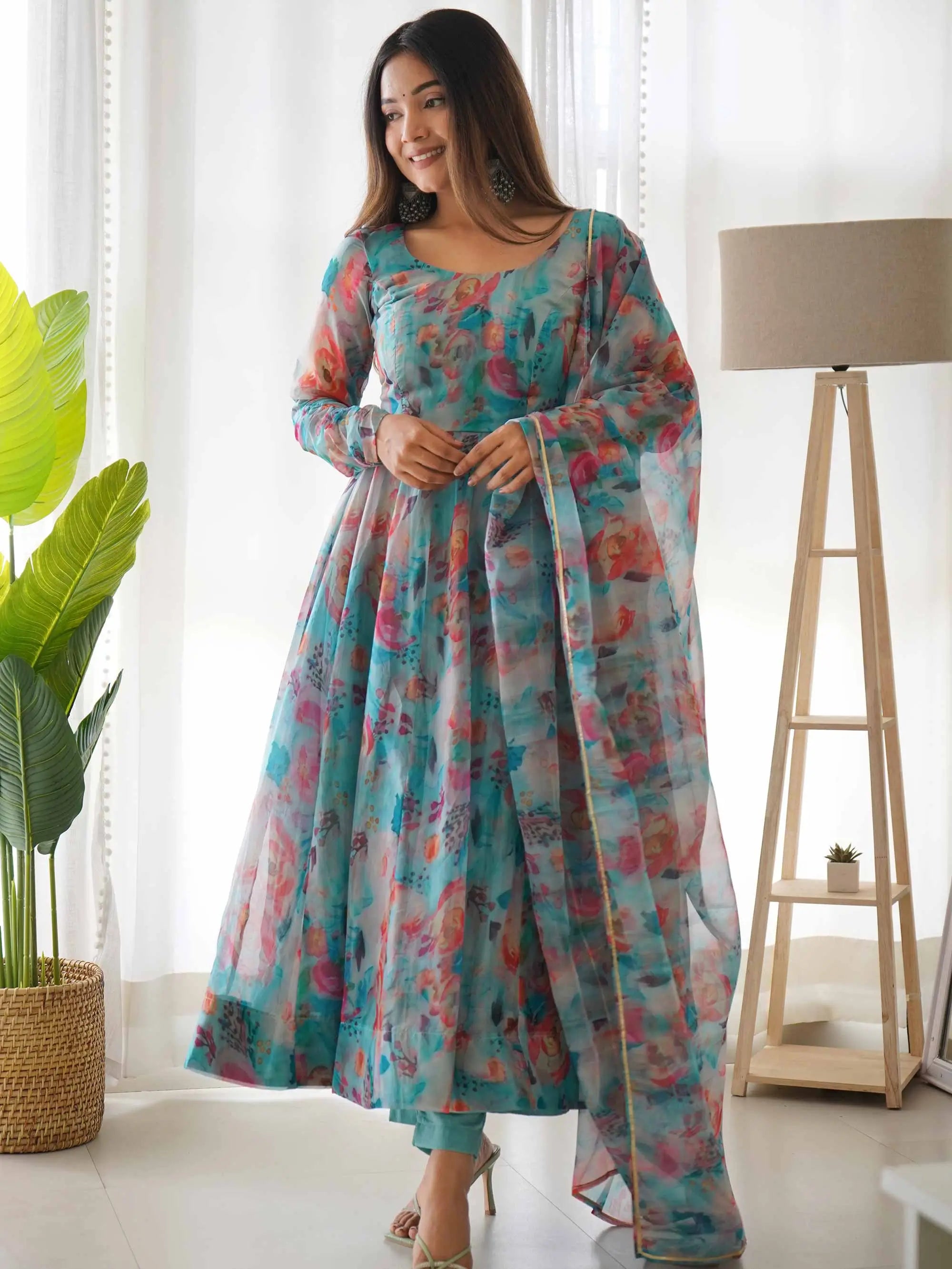 Sky Blue Organza Multi Colored Floral Print Gown With Dupatta