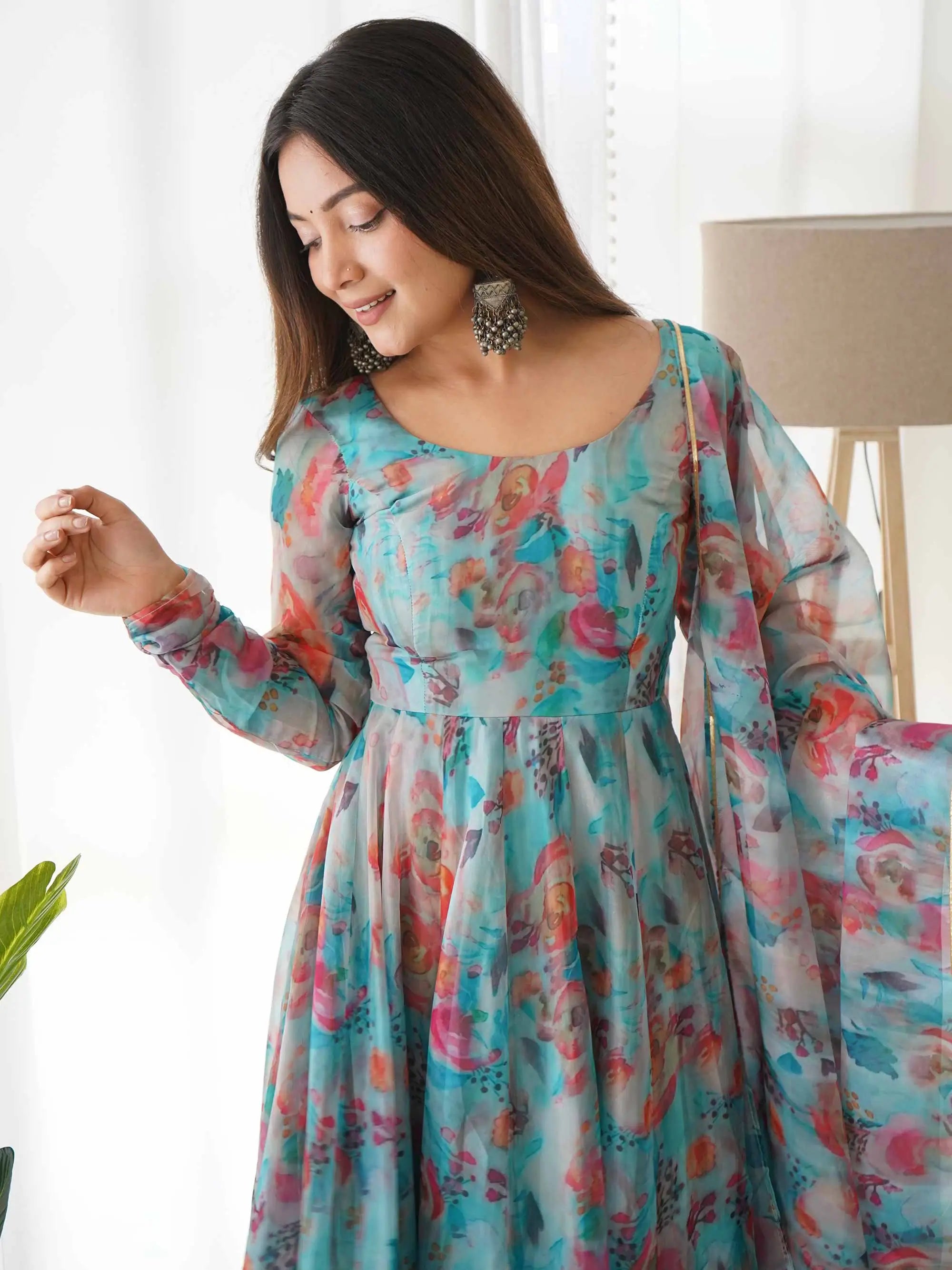 Sky Blue Organza Multi Colored Floral Print Gown With Dupatta