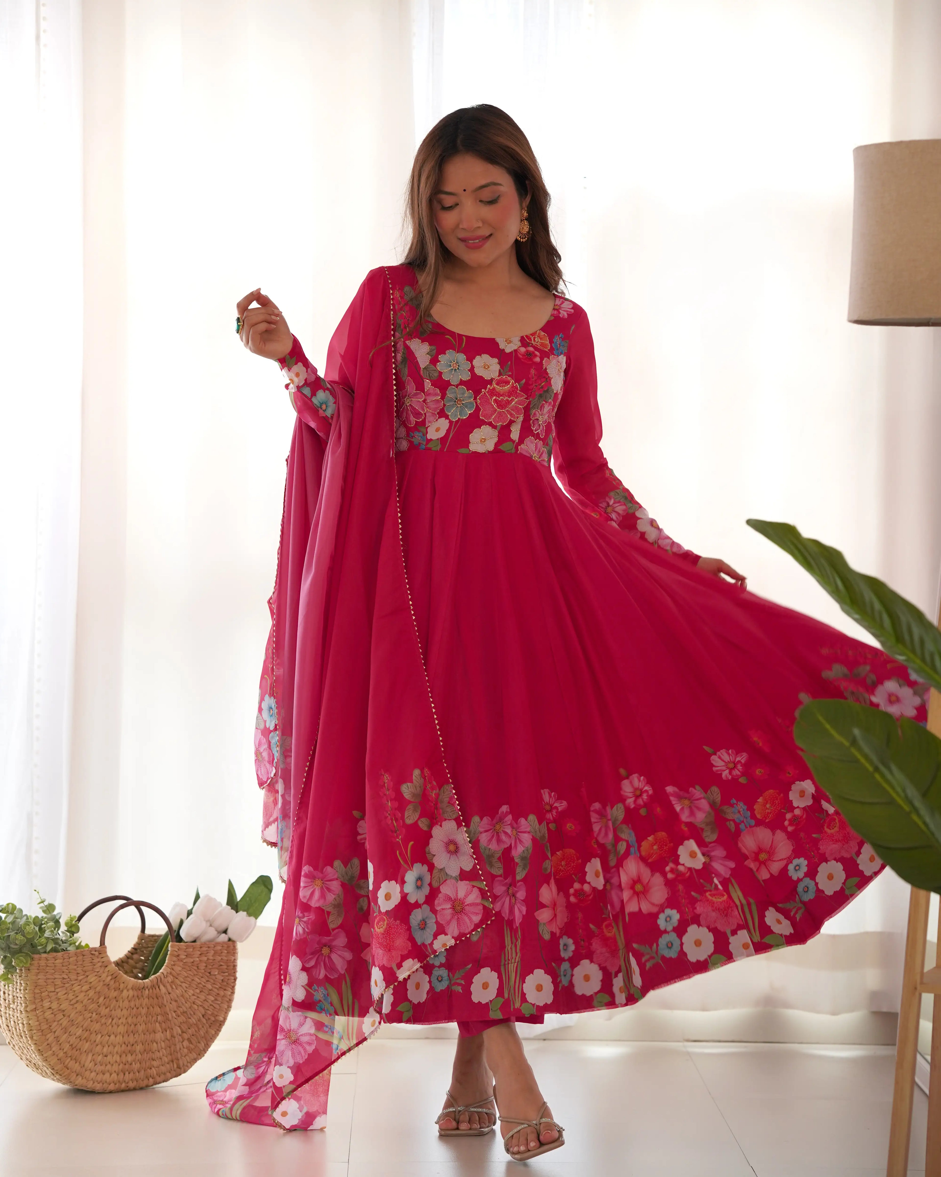 Dark Pink Multi Color Floral Print Organza Gown With Dupatta
