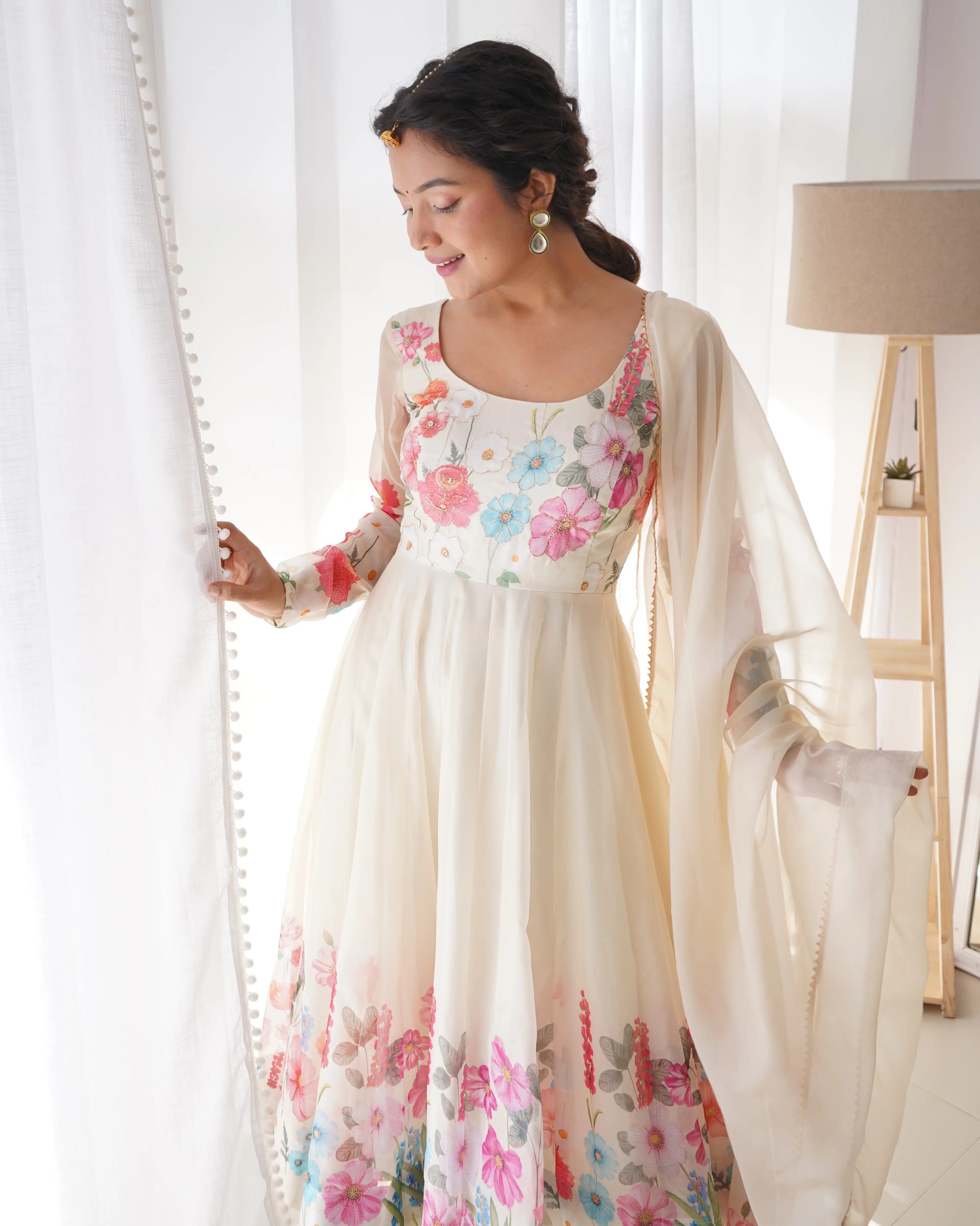 Off White Organza Multi Color Floral Print Gown With Dupatta