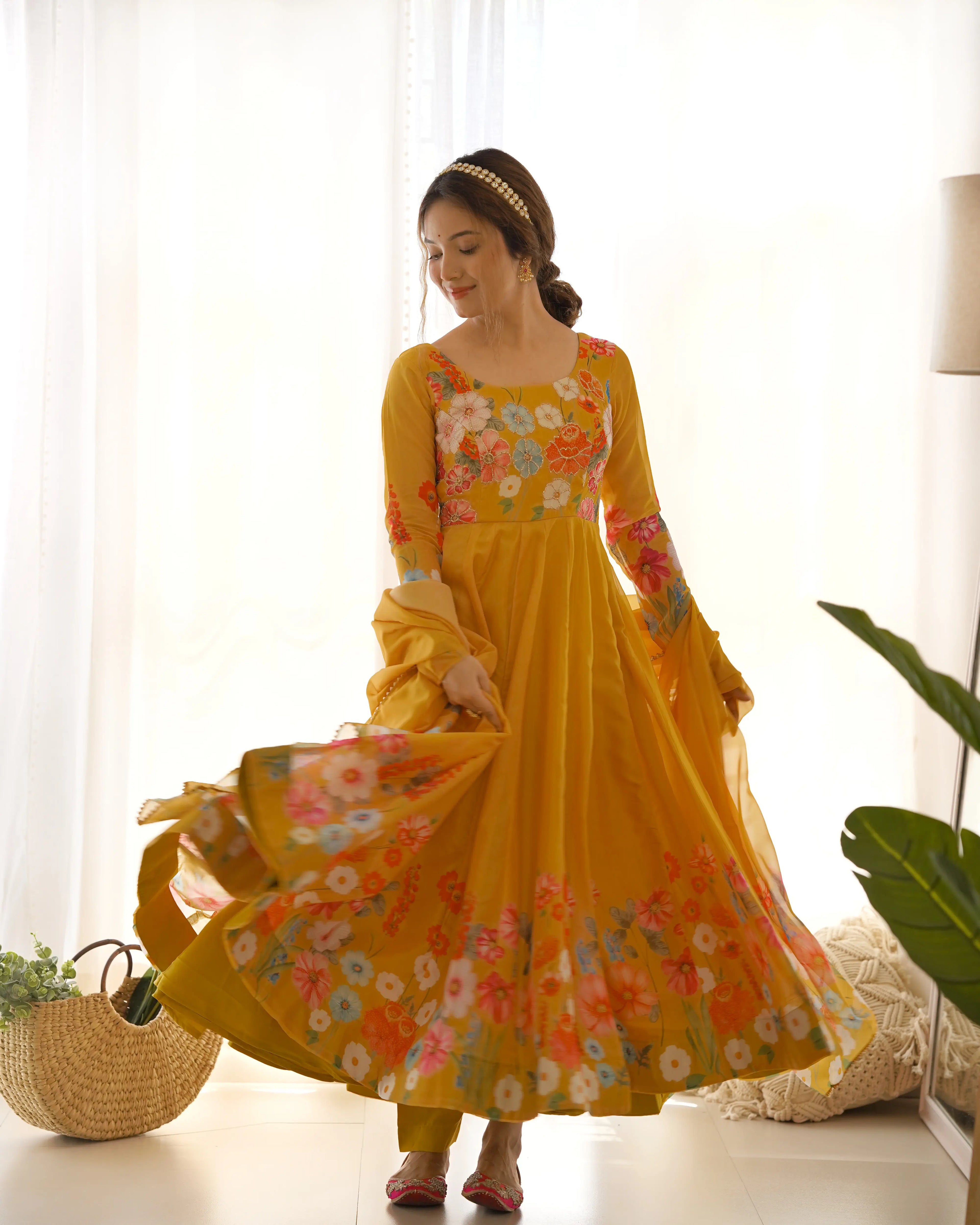 Brownish Yellow Organza Multi Color Floral Print Gown With Dupatta