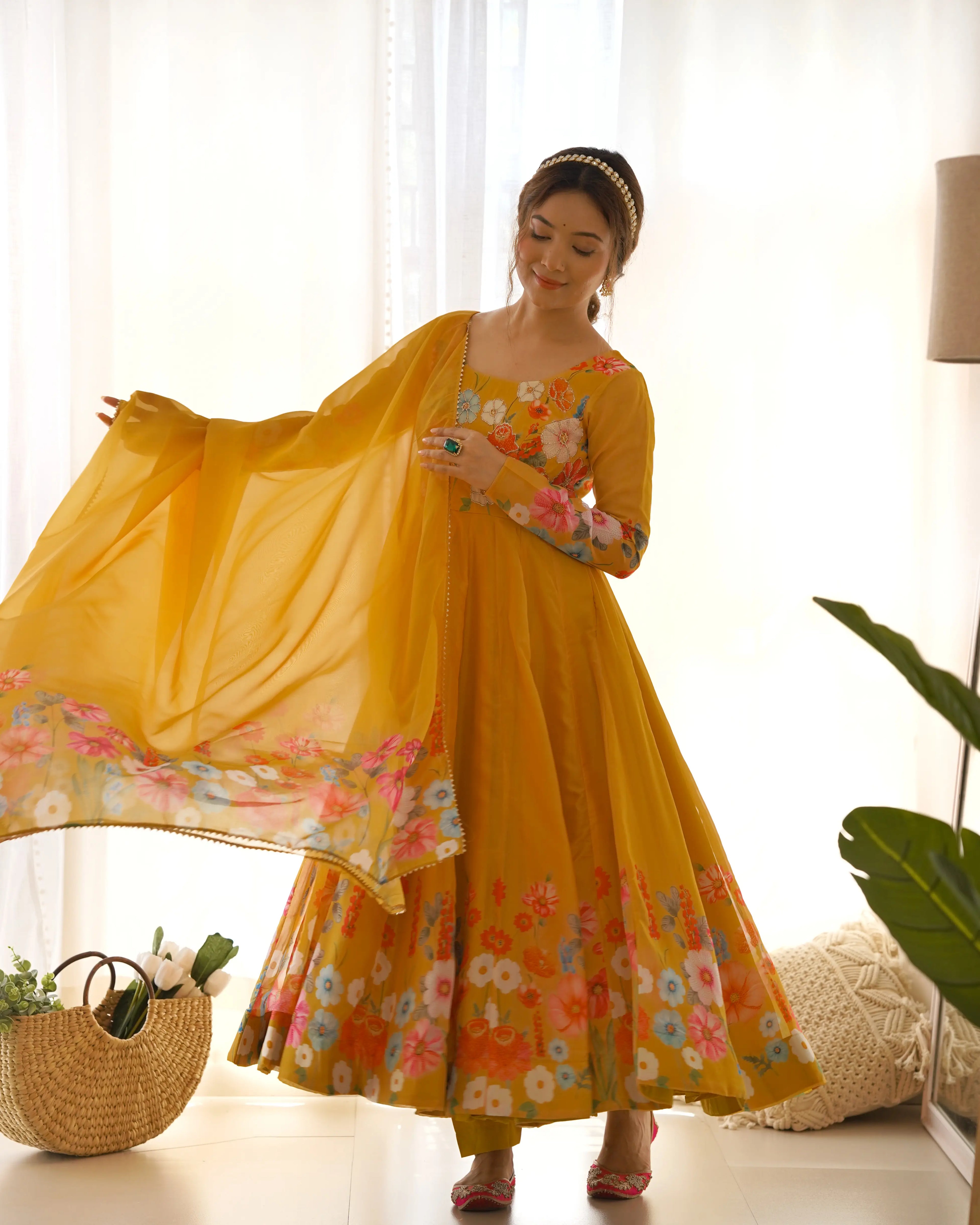 Brownish Yellow Organza Multi Color Floral Print Gown With Dupatta