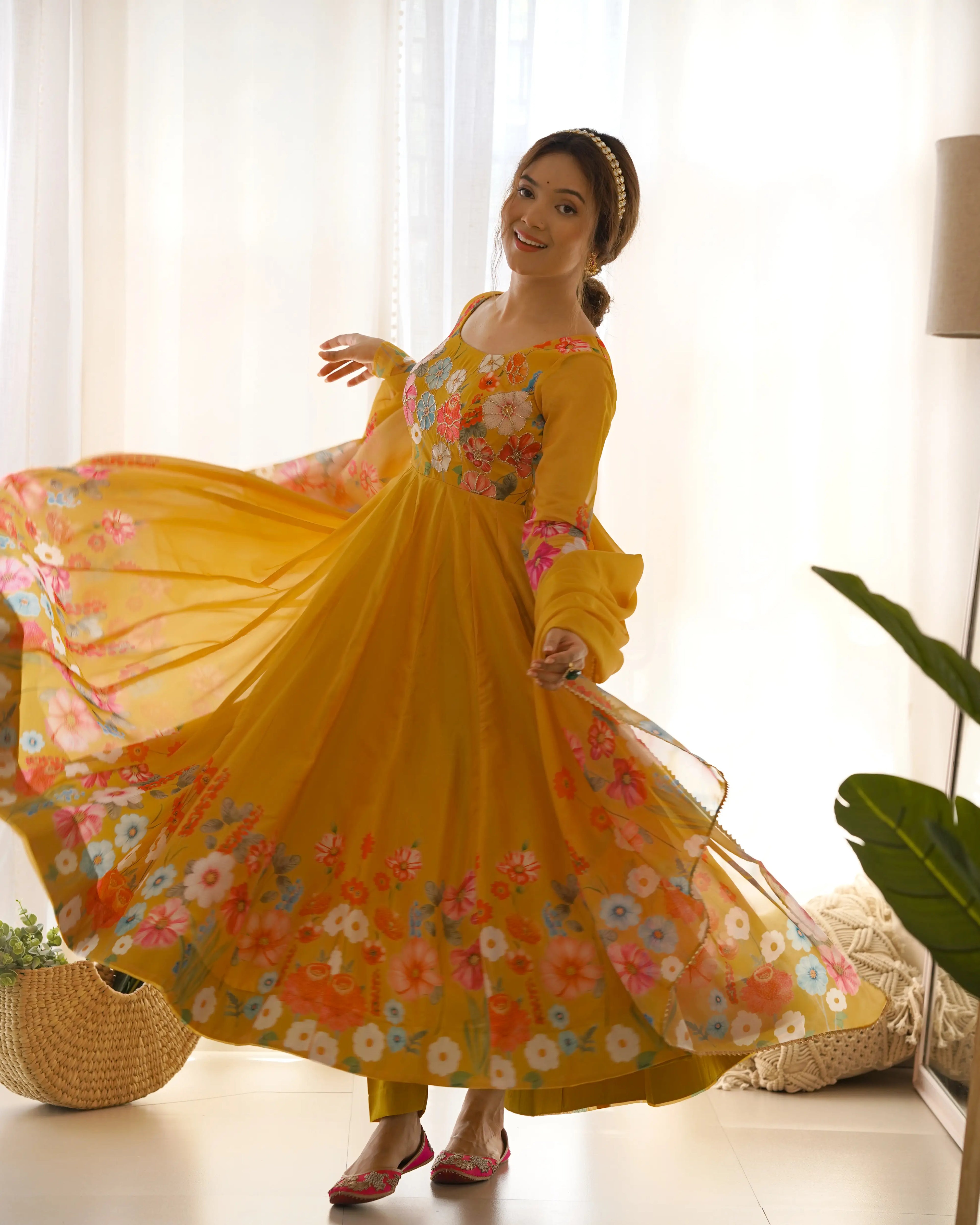 Brownish Yellow Organza Multi Color Floral Print Gown With Dupatta