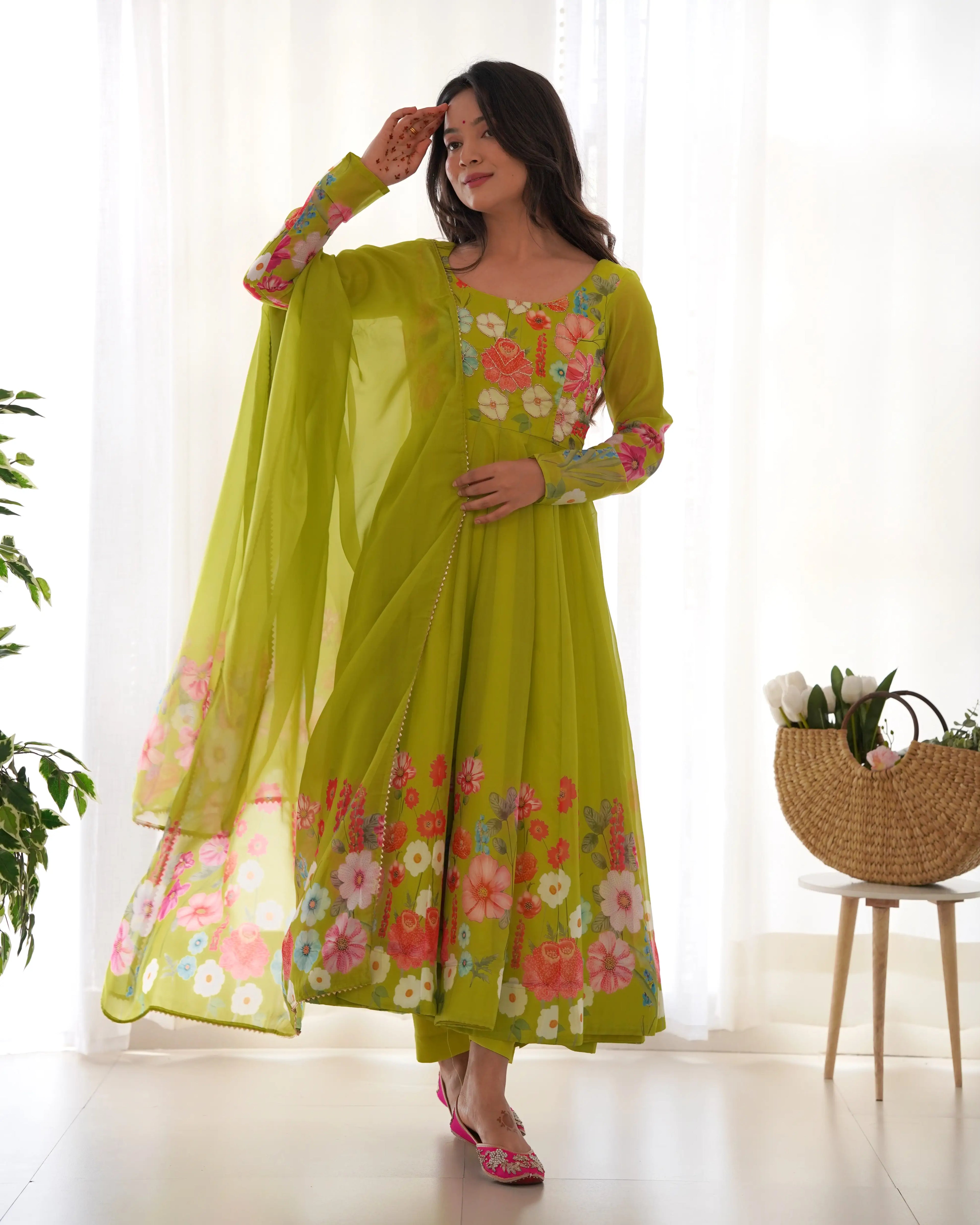 Liril Green Organza Multi Color Floral Print Gown With Dupatta