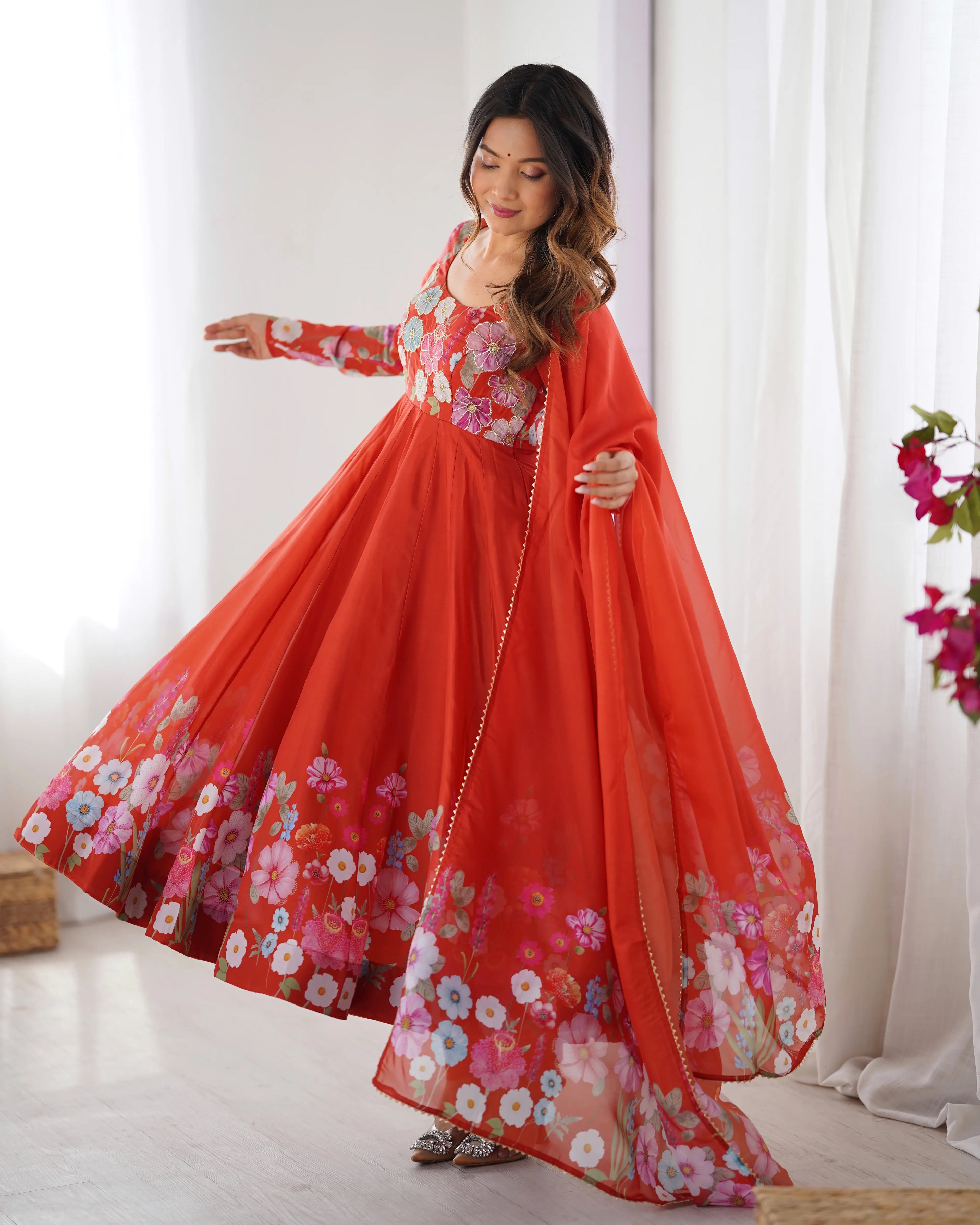 Rust Orange Organza Multi Color Floral Print Gown With Dupatta