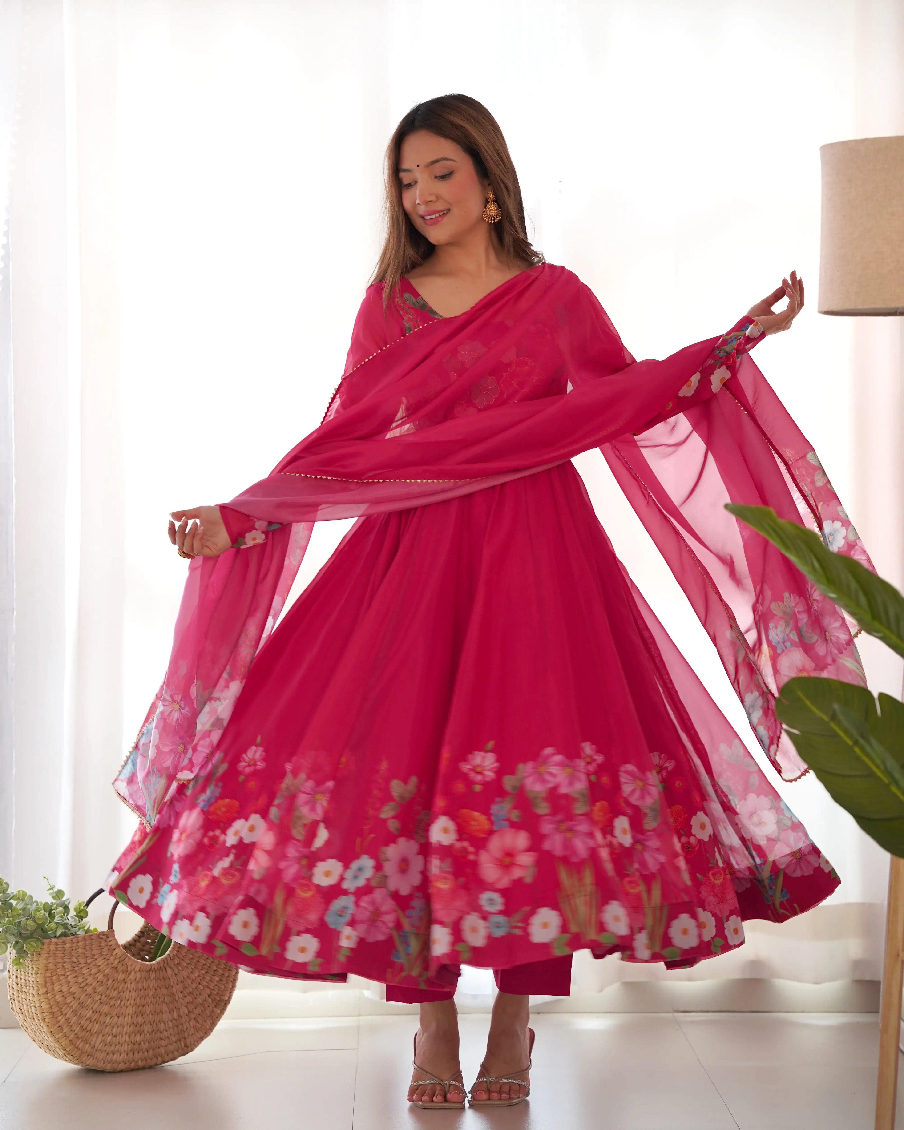 Dark Pink Multi Color Floral Print Organza Gown With Dupatta
