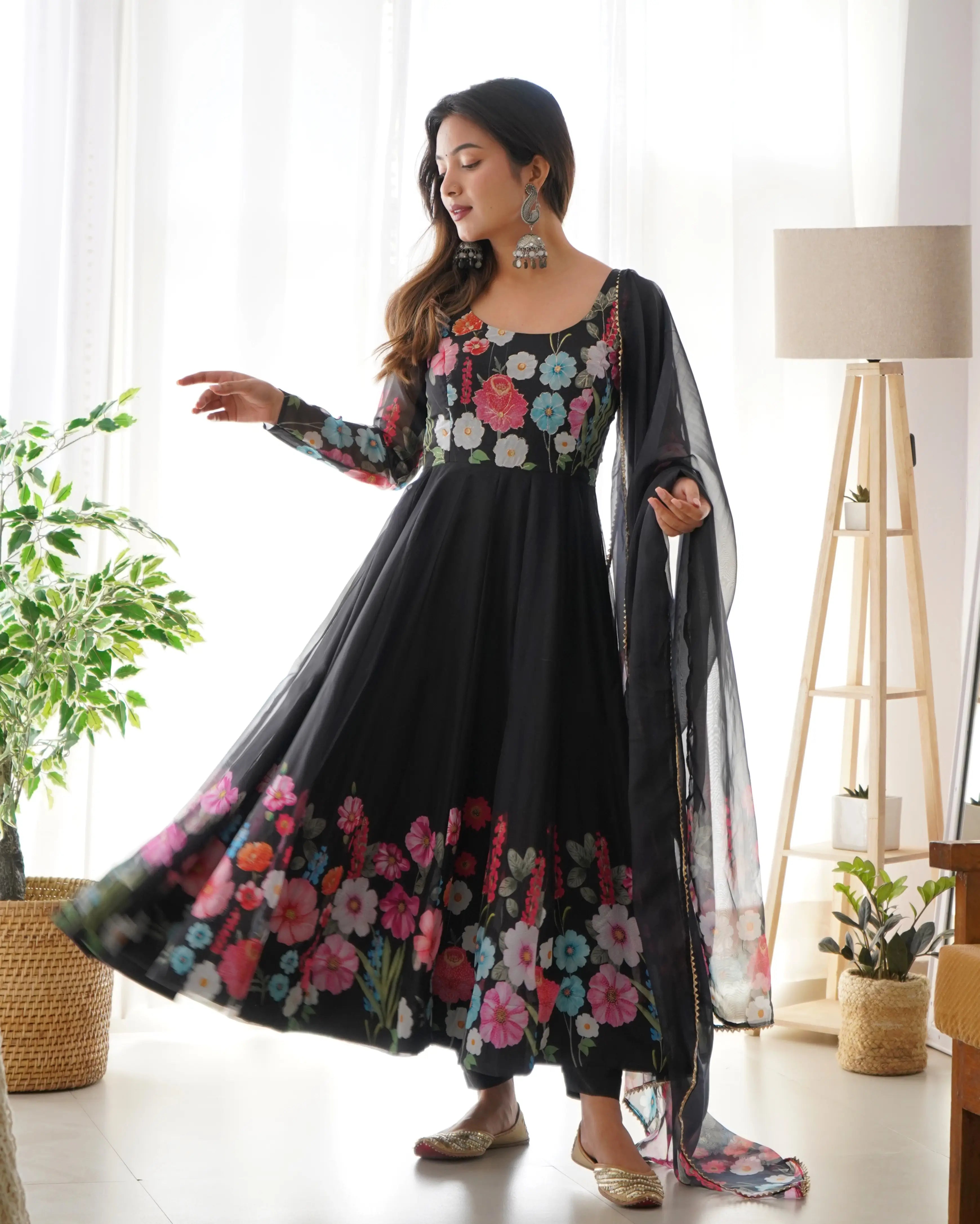 Black With Multi Color Floral Print  Organza Gown With Dupatta