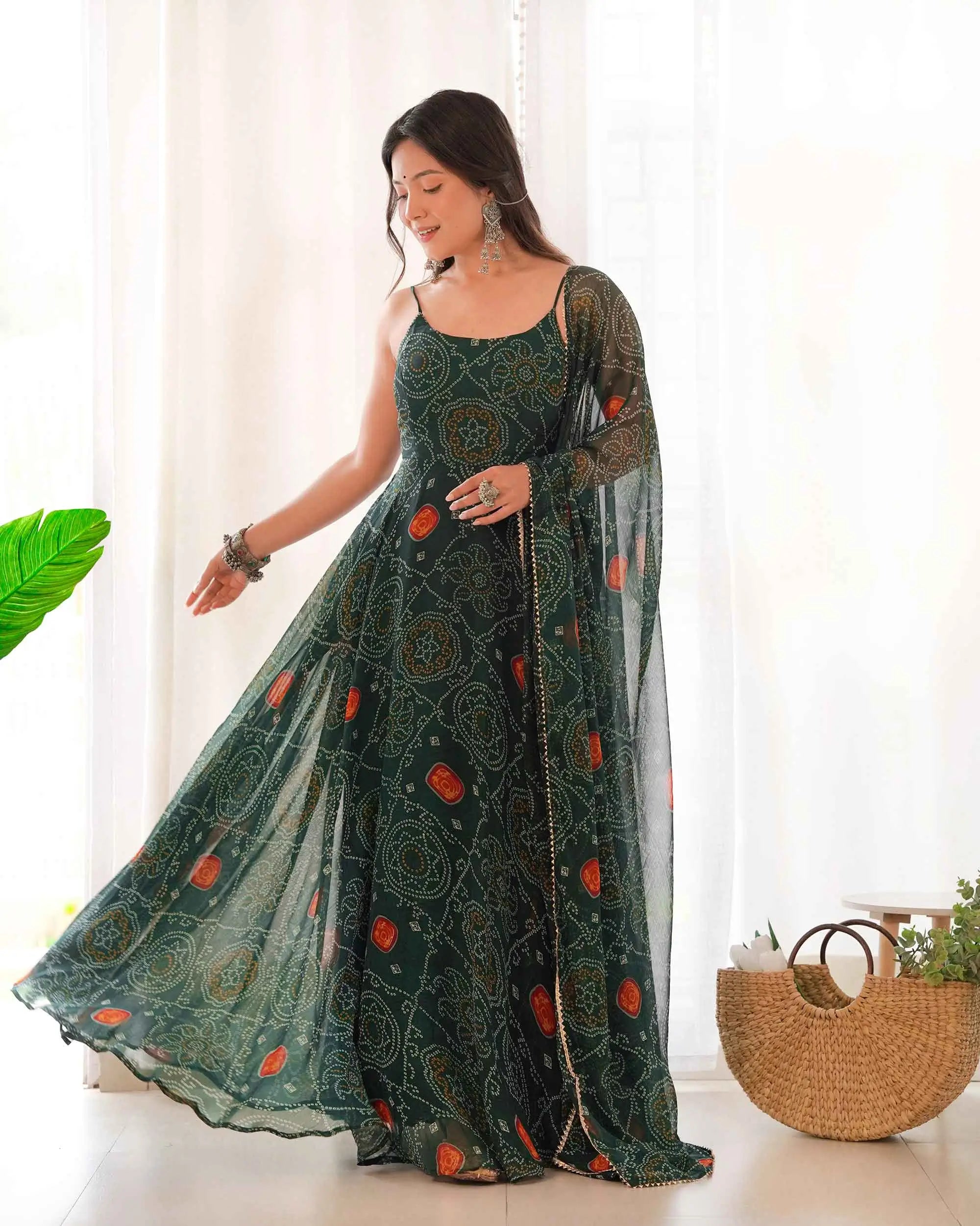 Tealish Green Soft Chiffon Bandhej Print Light Weight Gown With Dupatta