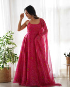 Dark Pink Soft Chiffon Bandhej Print Light Weight Gown With Dupatta