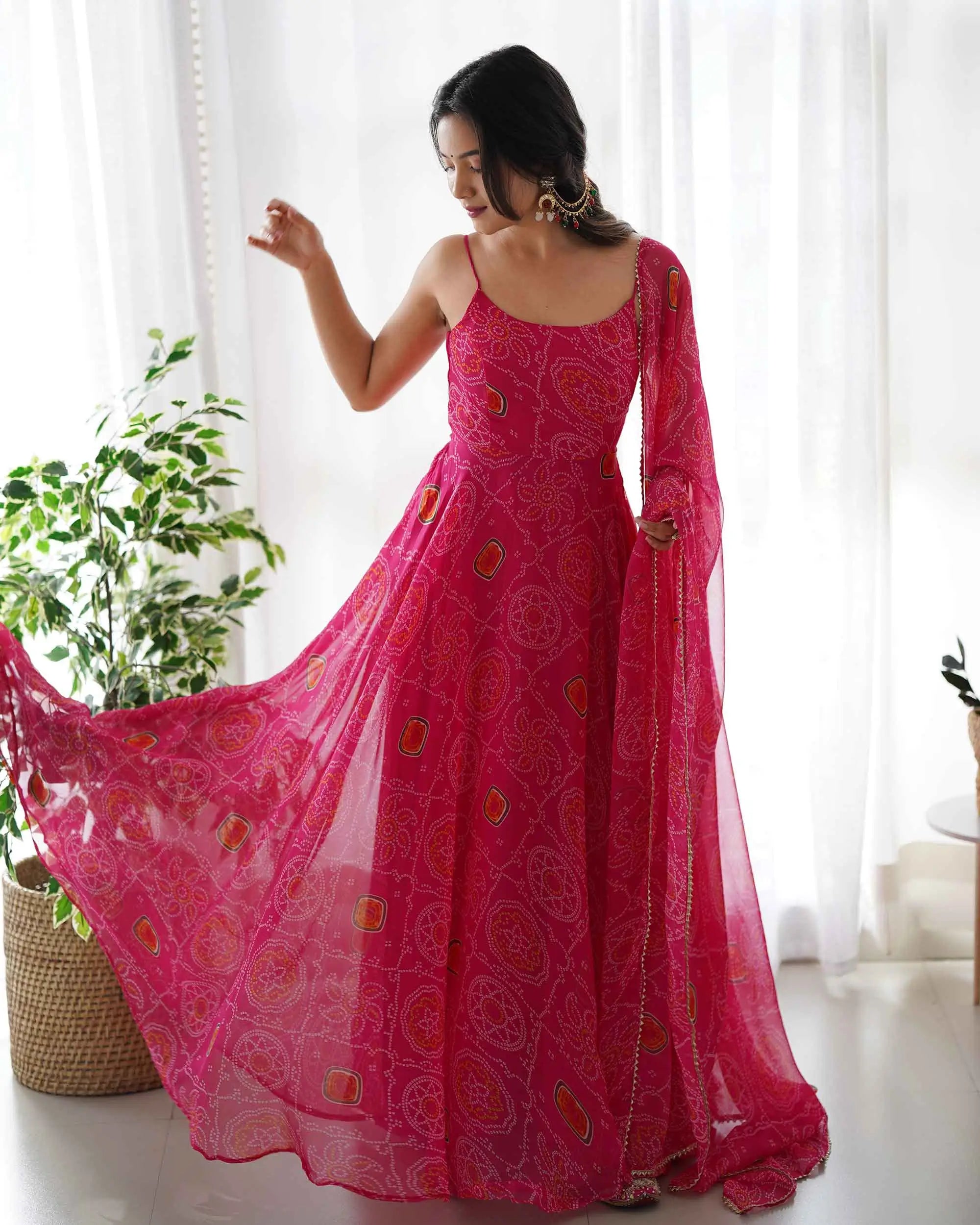 Dark Pink Soft Chiffon Bandhej Print Light Weight Gown With Dupatta