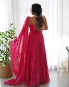 Dark Pink Soft Chiffon Bandhej Print Light Weight Gown With Dupatta