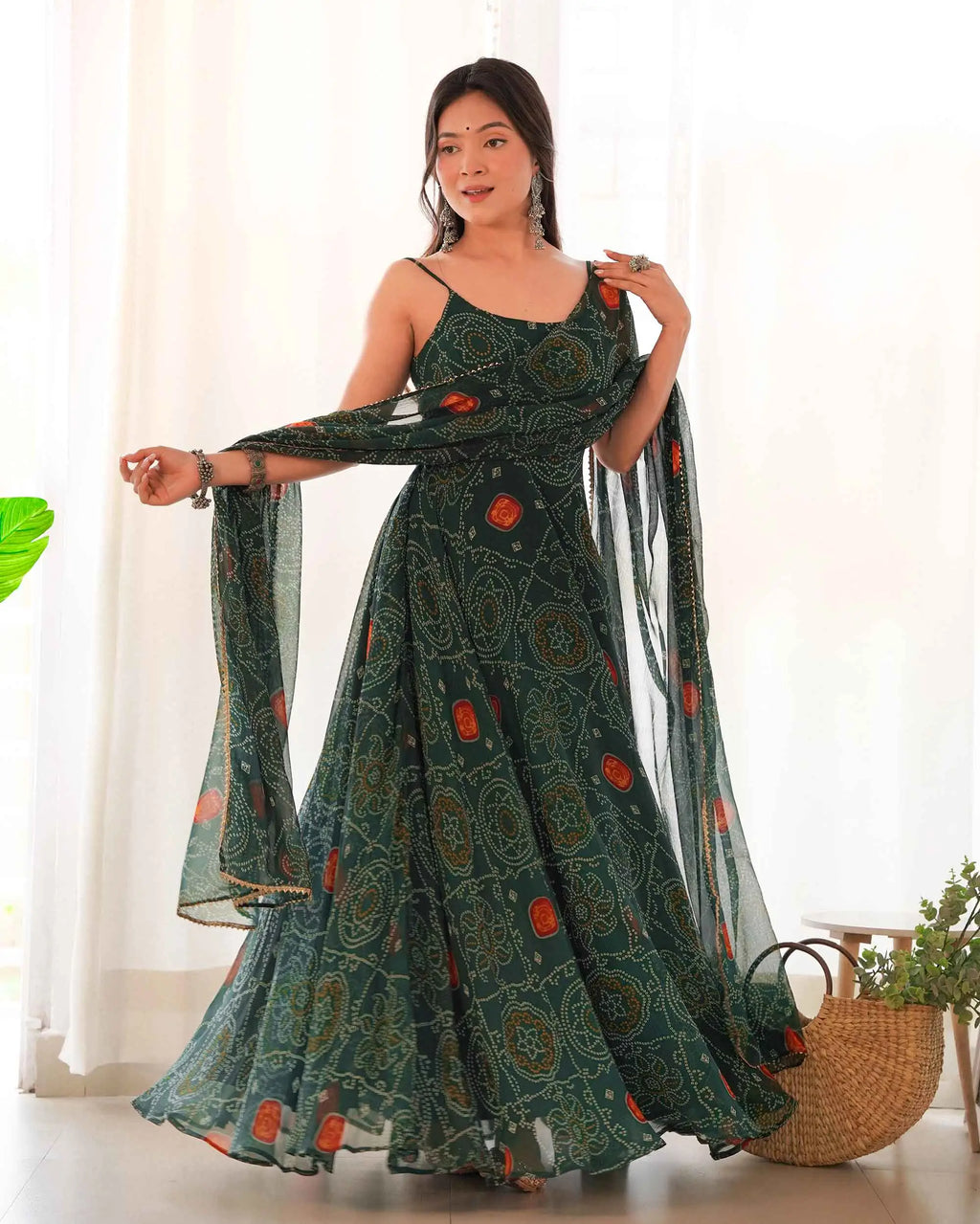 Tealish Green Soft Chiffon Bandhej Print Light Weight Gown With Dupatta