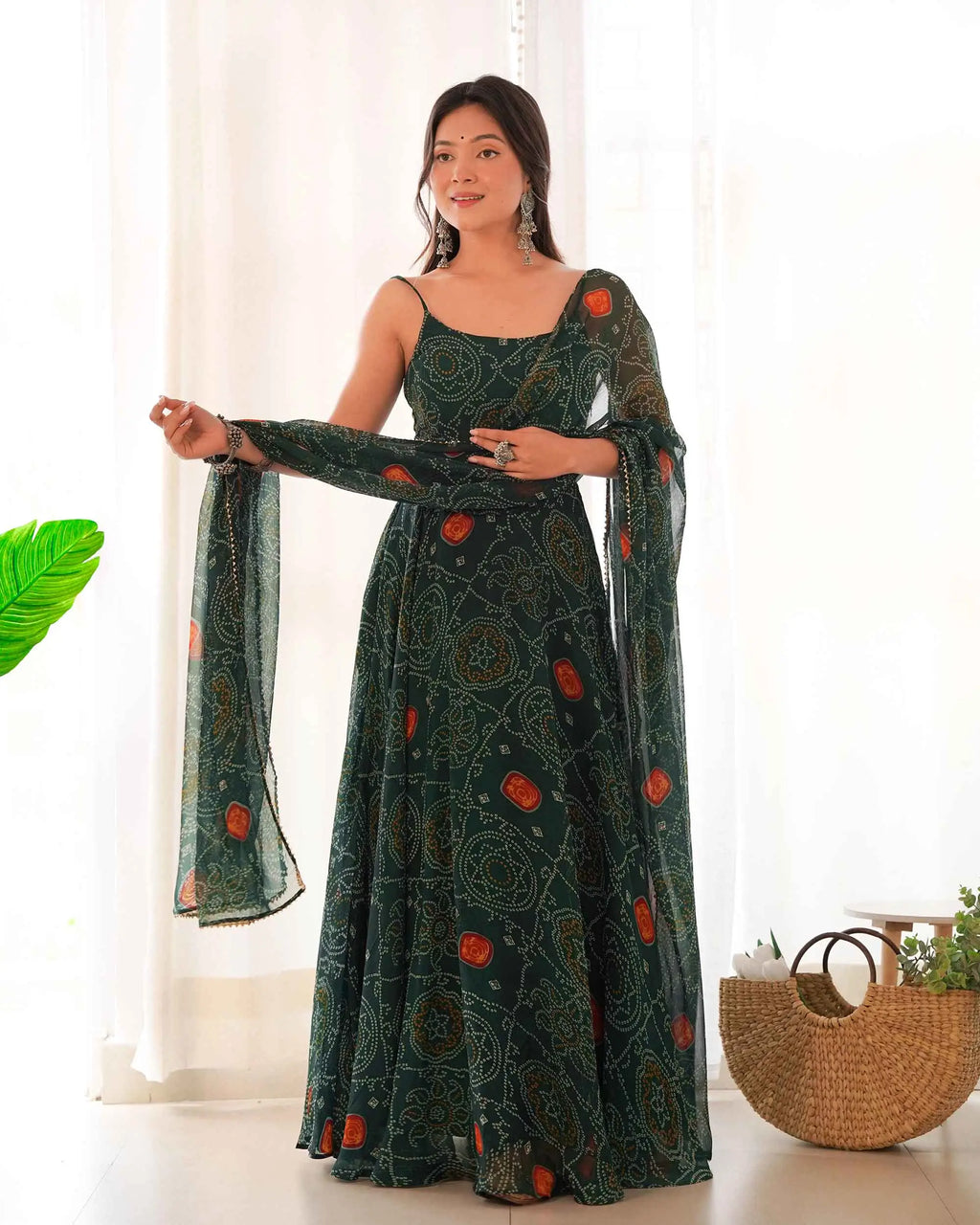 Tealish Green Soft Chiffon Bandhej Print Light Weight Gown With Dupatta