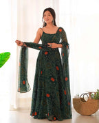 Tealish Green Soft Chiffon Bandhej Print Light Weight Gown With Dupatta