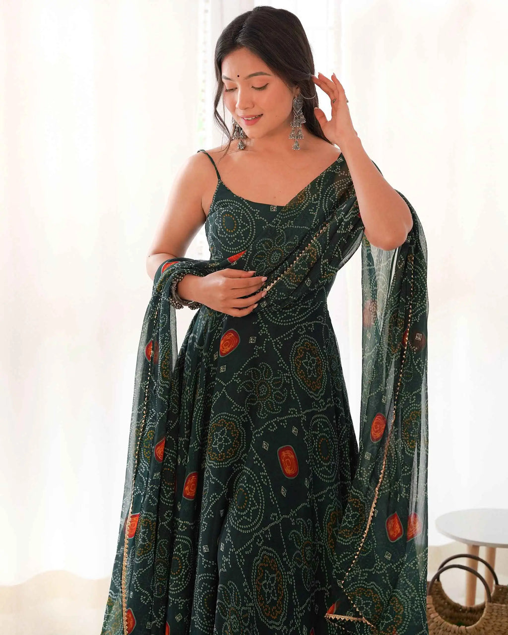 Tealish Green Soft Chiffon Bandhej Print Light Weight Gown With Dupatta