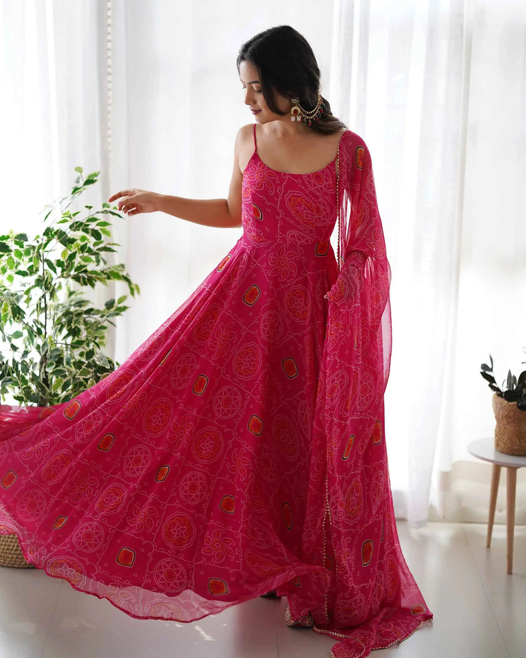 Dark Pink Soft Chiffon Bandhej Print Light Weight Gown With Dupatta