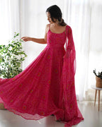 Dark Pink Soft Chiffon Bandhej Print Light Weight Gown With Dupatta