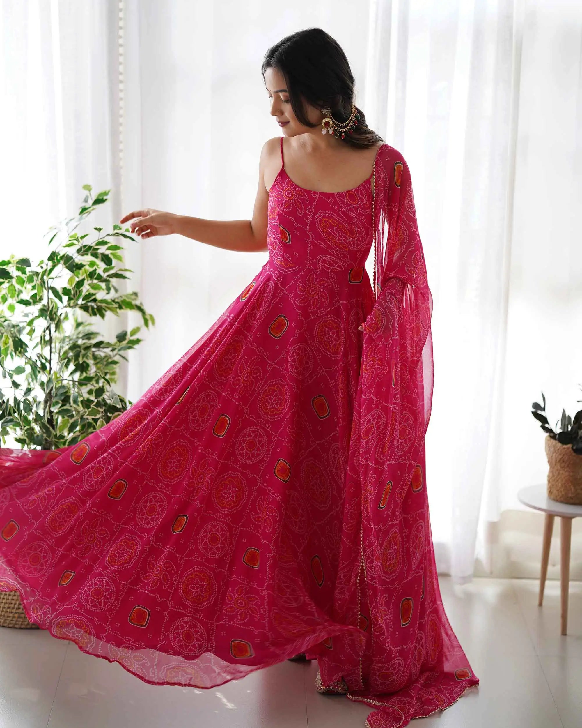 Dark Pink Soft Chiffon Bandhej Print Light Weight Gown With Dupatta